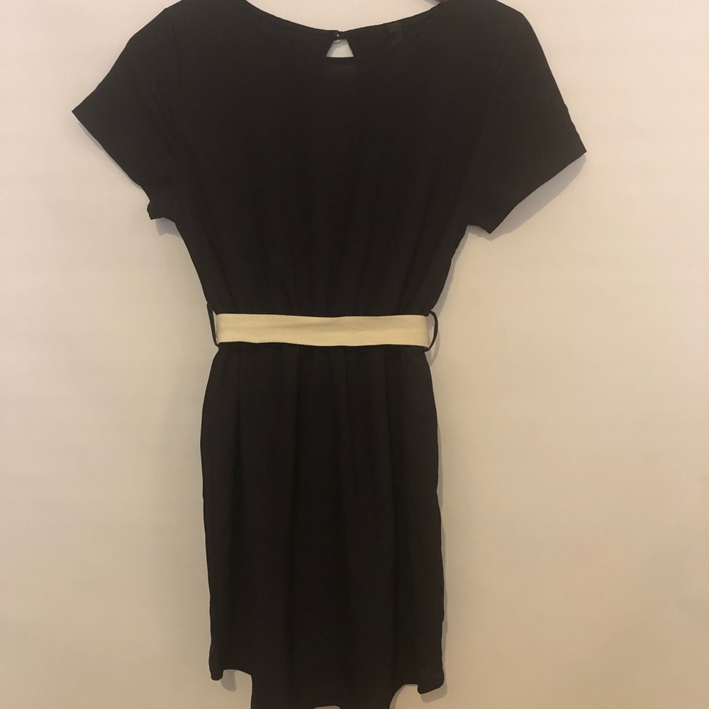Navy dress with white tie